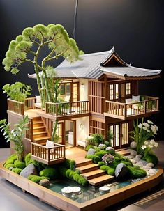 a model of a house with plants and rocks