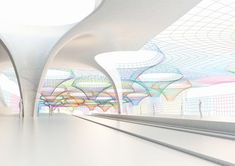 an empty subway station with white walls and colorful lines on the ceiling, 3d rendering