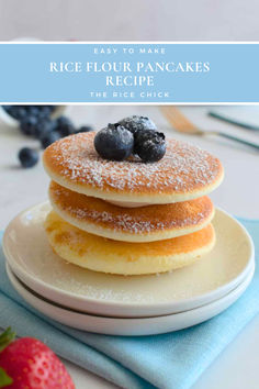 Stack of pancakes with blueberries on top. Rice Flour Pancakes Recipe, Make Pancakes From Scratch, Gluten Free Pancake Recipe, Pancakes And Pajamas Party, Pancakes Aesthetic, Fluffy Gluten Free Pancakes, Pancake Bar, Gluten Free Pancake