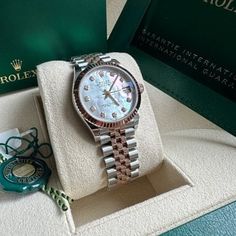 Luxury Diamond Watch With Chronometer For Gift, Luxury Chronometer Diamond Watch As Gift, Luxury Diamond Watch With Chronometer As Gift, Luxury Diamond Watch With Date Display, Luxury Rose Gold Watch With Jubilee Bracelet, White Gold Watches For Anniversary, Rolex Models, Rose Gold Crystal, Authentic Watches