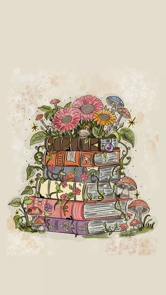 a stack of books sitting on top of each other with flowers growing out of them