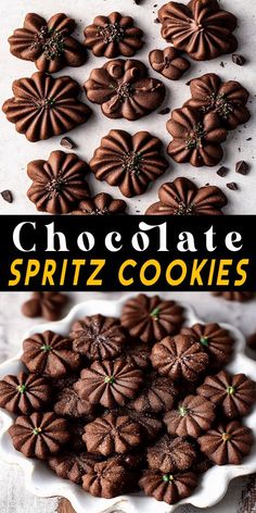 chocolate spritz cookies on a white plate with the words chocolate spritz cookies