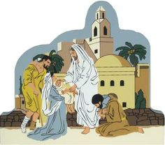 a nativity scene with three men and a baby