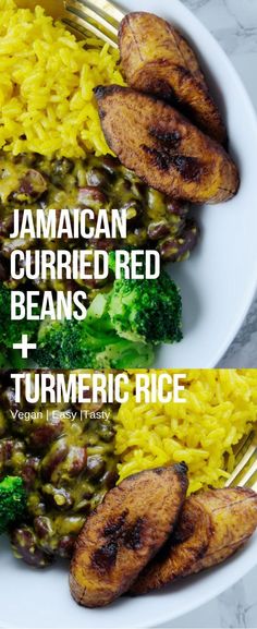 two plates filled with rice, beans and broccoli on top of each other