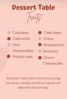 a menu for desserts with different types of toppings