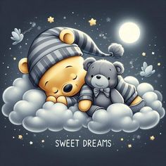 two teddy bears sitting on top of clouds with the words sweet dreams written below them