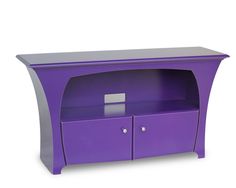 a purple entertainment center with two doors and drawers