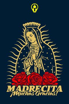 an image of the virgin mary with roses in front of it, on a dark background