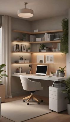 a home office with a desk, shelves and potted plants in front of the window