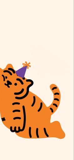 an orange tiger with a party hat on it's head