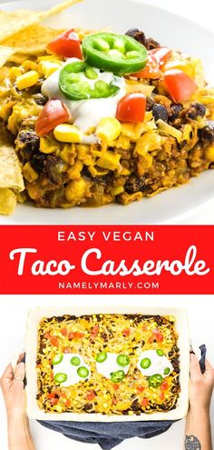 easy vegan taco casserole recipe that is ready to be eaten