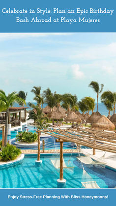 a pool with palm trees and thatched umbrellas