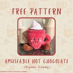 a crocheted hot chocolate cup with whipped cream on top is featured in this free pattern