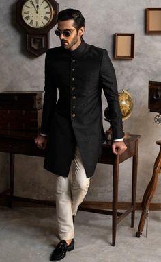 Designer Black Mens Sherwani for Wedding Wear Sherwani For Wedding, Black Sherwani, Indian Wedding Clothes For Men, Sherwani For Men Wedding, Wedding Kurta For Men, Kurta Pajama Men, Sherwani Groom, Mens Sherwani, Sherwani For Men