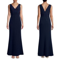 Karl Lagerfeld B Neckline Features . Sleeveless V Neck Dress With A Ruched Waist. . V Back . Conceal Back Zip Closure With Hook And Eye Closure. . Lined . Polyester /Spandex . Dry Clean. . Imported. . Color : Navy . . Bust 38" . Waist 30.5" .Length 60 " . Thank You For Shopping My Closet. Sleeveless Ruched V-neck Dress For Formal Occasions, Ruched V-neck Evening Dress, Button Maxi Dress, High Neck Maxi Dress, Black Short Sleeve Dress, Bias Cut Dress, Lace Evening Gowns, Paris Dresses, Black Slip Dress