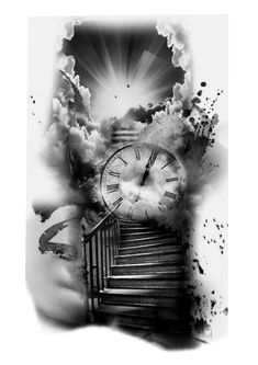 a black and white photo with stairs leading up to a clock