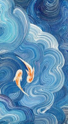 two orange koi fish swimming in the blue water with swirly clouds behind them