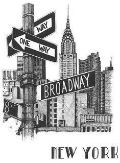 a black and white drawing of the new york city skyline with two street signs pointing in opposite directions