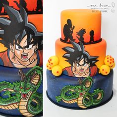 a dragon cake is decorated with an image of the character gohan on it's side