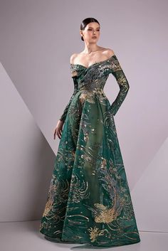 Long sleeves off shoulder dress with beadings – HERTROVE Winter Ballgown, Winter Gown, Edward Arsouni, Long Gowns, One Piece Swimwear, Embroidered Lace, Lebanon, Printed Maxi Dress, Embroidered Dress