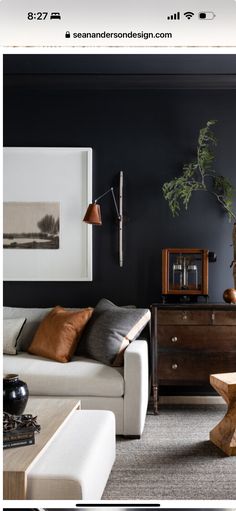 a living room with black walls and white couches, coffee table and plant in the corner