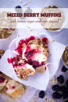 mixed berry muffins with brown sugar and oats served on white paper plates