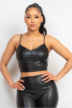 Faux leather top -true to size -92% Poly, 8% Spandex -Lining: 100% Polyester Faux Leather Top, Leather Top, Faux Leather, Spandex, Leather, Black