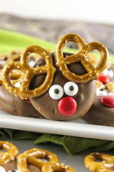 some pretzels are decorated to look like rudolph the reindeer