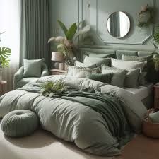 a large bed sitting in a bedroom next to a window with potted plants on it