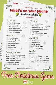 contains a mockup of a points based Christmas game dependant on what you do or don't have on your cell phone. Christmas Games Printable For Adults, Cellphone Game Christmas, Christmas Phone Game, Christmas Password Game, Cell Phone Games For Party, Christmas Cell Phone Game, Christmas Game Free Printable, Christmas Work Party Games, Christmas Party Games For Adults Groups