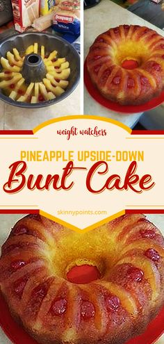 pineapple upside down bundt cake on a red plate with the words pineapple upside down bundt cake