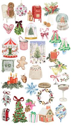 an assortment of christmas decorations on a white background