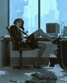 a painting of a woman sitting in an office chair next to a desk with a computer on it