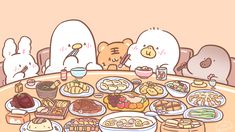 the table is full of food and drinks for two people sitting at it with teddy bears in the background