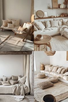 two pictures of different types of furniture in the same room, one is white and the other has neutral colors