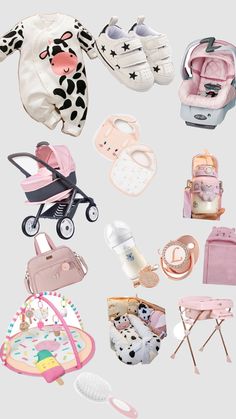 various baby items are arranged on a white background