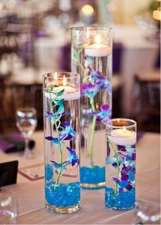 three tall vases filled with blue water and purple flowers on top of a table