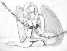 a drawing of an angel sitting on the ground with chains attached to it's legs