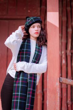 Stunning Tartan Scarf in Acrylic wool paired with gorgeous Tam O' Shanter Hat LET YOU FEEL THE WARMTH OF THE WINTER 👉 100% Acrylic wool scarf (90 inches long & 12 inches wide) to make you feel warmer in chilling Days. 👉 Ideal for long-term use and won't disturb your skin like some artificial fabrics would. 👉 The fabric is exceptionally durable, wrinkle free and Hand washable. 👉 Knowing the reality, Clan connections are significant for us all. woolen scarfs are made in your family's plaid and will add grace to your Highland outfit. Brand New Acrylic wool Tartan 16 Oz/ Tammy Hat or Kilt Hat ♥ One Size fits all - stretches to fit 55cm to 62cm comfortably ♥ Stunning Tammy caps with elastic woolen headband & matching pom pom. ♥ Perfect match for your kilt and Scarf 💗 Ideal for both formal Check Scarf Outfit, Tartan Scarf Outfit, Highland Outfit, Tam O Shanter, Cold Weather Attire, Scottish Women, Tam O' Shanter, Scarf And Hat, Woolen Scarves