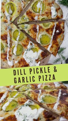 two different pizzas with cheese and pickles on them, one is cut into slices