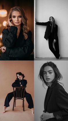 black and white photos of women in different poses, with one woman sitting on a chair