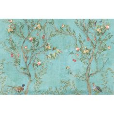 wallpaper with birds and flowers on a blue background in the style of chinese painting