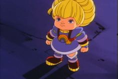 a cartoon character with blonde hair and blue eyes standing in front of a purple background