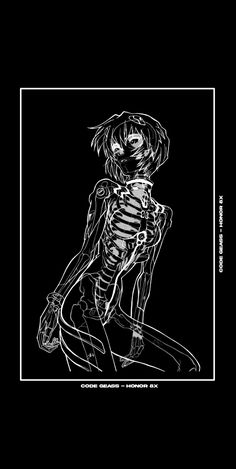 a drawing of a skeleton on a skateboard in black and white, with the caption's name below it