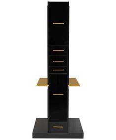 a tall black and gold book shelf with three shelves on each side, one is open