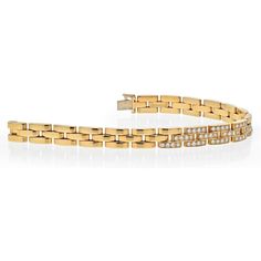 This Cartier 18K Yellow Gold Panthere Diamond Triplerow Bracelet is the epitome of elegance and sophistication. Crafted with exquisite attention to detail, this link chain bracelet is a true masterpiece that will elevate any outfit to new heights. The 18K yellow gold shines with a high polish, exuding luxury and charm.What sets this bracelet apart is its unique design featuring three rows of interlocking slightly arched gold links. The mesmerizing pattern creates a sense of movement and fluidity Classic Link Chain Tennis Bracelet, Classic 14k Gold Diamond Bracelet With Chain, Classic Chain Tennis Bracelet, Classic Cartier Bracelets For Wedding, Cartier Brilliant Cut Diamond Bracelet, Cartier Gold Diamond Bracelets, Formal 14k Gold Bracelet With Box Chain, Cartier Fine Jewelry Diamond Bracelet With Brilliant Cut, Cartier Diamond Bracelet With Brilliant Cut