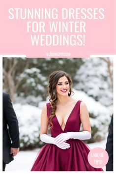 a woman in a red dress and white gloves with the words stunning dresses for winter wedding