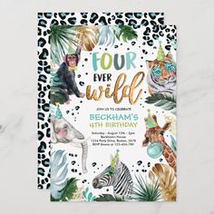 an animal themed birthday party with leopard, giraffe and zebra on the front