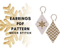 two earrings with gold and white designs on them next to a snowflake ornament