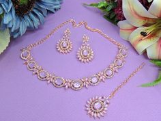 Pink Bridal Necklace With Matching Earrings As A Gift, Pink Wedding Necklaces With Matching Earrings, Pink Necklaces With Matching Earrings For Wedding, Pink Bridal Necklace With Matching Earrings For Wedding, Pink Dangle Necklaces For Wedding, Pink Round Jewelry Sets For Wedding, Royal Indian Wedding, Wedding Rose Gold, Royal Indian